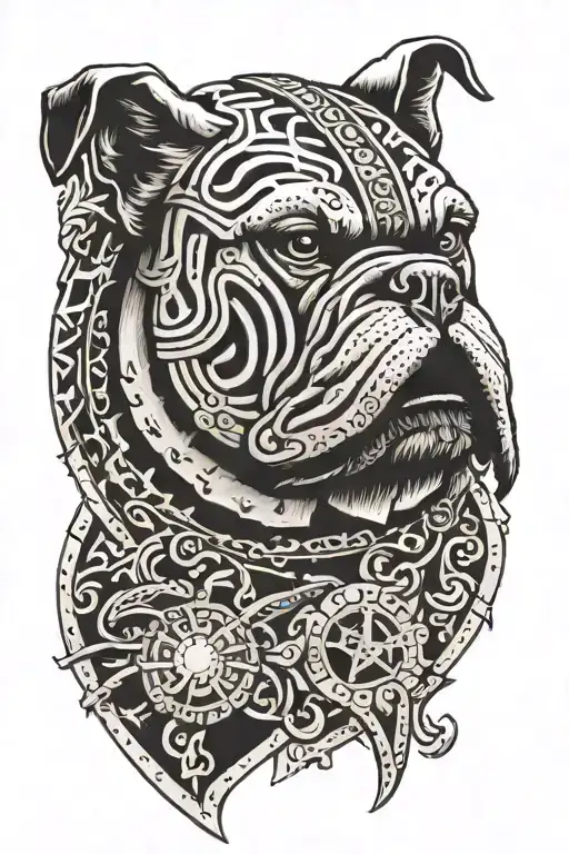 A tattoo design combining elements of Hungarian ancestry with Viking culture, featuring a bulldog adorned with steel armor and wooden shield, set against a historical backdrop tattoo design idea