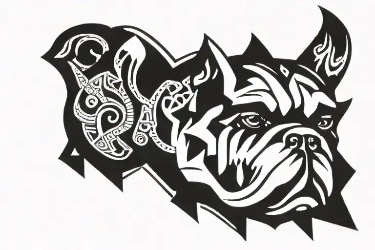 A tattoo design combining elements of Hungarian ancestry with Viking culture, featuring a bulldog adorned with steel armor and wooden shield, set against a historical backdrop tattoo design idea