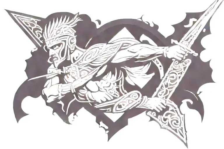 A tattoo design showcasing a Hungarian warrior wielding a steel sword, with intricate timber frame details and Catholic symbols in the background tattoo design idea
