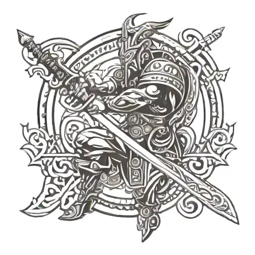 A tattoo design showcasing a Hungarian warrior wielding a steel sword, with intricate timber frame details and Catholic symbols in the background tattoo design idea