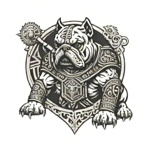 A tattoo design combining elements of Hungarian ancestry with Viking culture, featuring a bulldog adorned with steel armor and wooden shield, set against a historical backdrop tattoo design idea