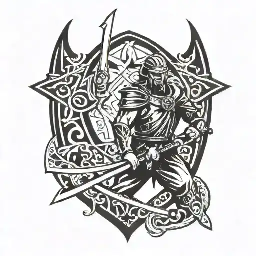 A tattoo design showcasing a Hungarian warrior wielding a steel sword, with intricate timber frame details and Catholic symbols in the background tattoo design idea