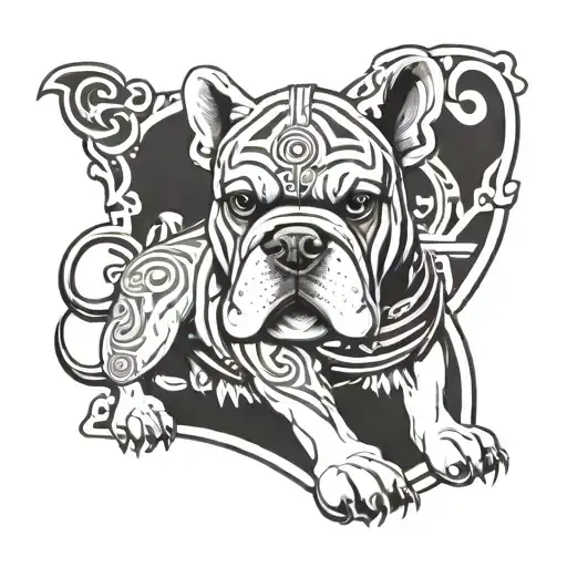 A tattoo design combining elements of Hungarian ancestry with Viking culture, featuring a bulldog adorned with steel armor and wooden shield, set against a historical backdrop tattoo design idea