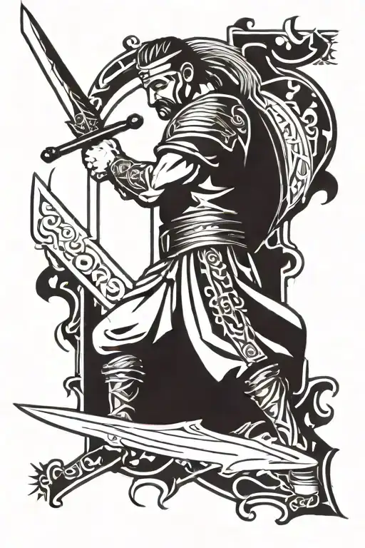 A tattoo design showcasing a Hungarian warrior wielding a steel sword, with intricate timber frame details and Catholic symbols in the background tattoo design idea