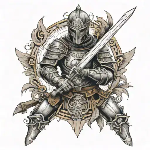 A tattoo design showcasing a Hungarian warrior wielding a steel sword, with intricate timber frame details and Catholic symbols in the background tattoo design idea
