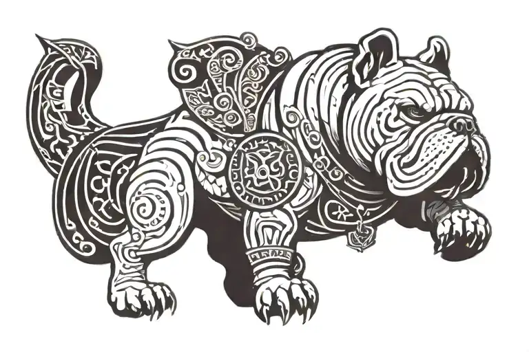 A tattoo design combining elements of Hungarian ancestry with Viking culture, featuring a bulldog adorned with steel armor and wooden shield, set against a historical backdrop tattoo design idea