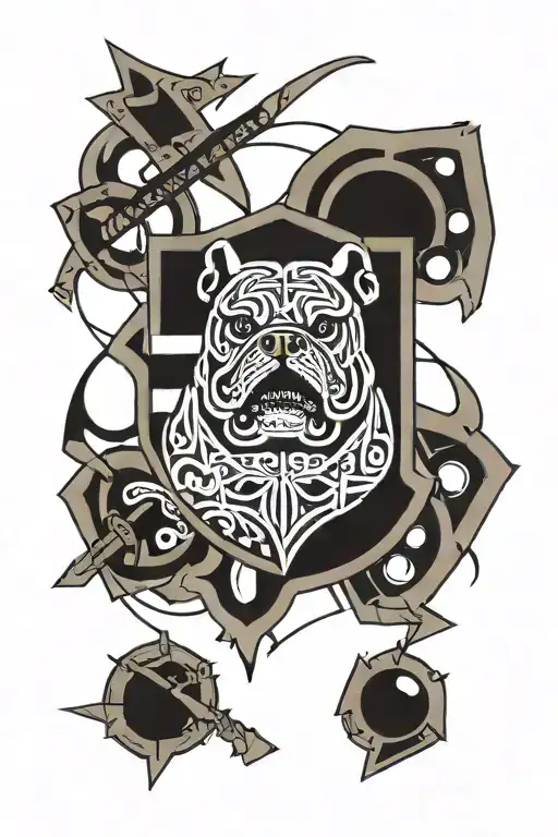 A tattoo design combining elements of Hungarian ancestry with Viking culture, featuring a bulldog adorned with steel armor and wooden shield, set against a historical backdrop tattoo design idea