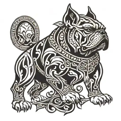 A tattoo design combining elements of Hungarian ancestry with Viking culture, featuring a bulldog adorned with steel armor and wooden shield, set against a historical backdrop tattoo design idea