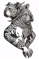 A tattoo design combining elements of Hungarian ancestry with Viking culture, featuring a bulldog adorned with steel armor and wooden shield, set against a historical backdrop tattoo design idea