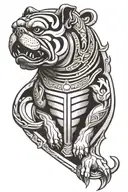 A tattoo design combining elements of Hungarian ancestry with Viking culture, featuring a bulldog adorned with steel armor and wooden shield, set against a historical backdrop tattoo design idea