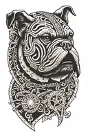 A tattoo design combining elements of Hungarian ancestry with Viking culture, featuring a bulldog adorned with steel armor and wooden shield, set against a historical backdrop tattoo design idea