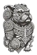A tattoo design combining elements of Hungarian ancestry with Viking culture, featuring a bulldog adorned with steel armor and wooden shield, set against a historical backdrop tattoo design idea