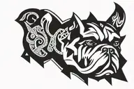 A tattoo design combining elements of Hungarian ancestry with Viking culture, featuring a bulldog adorned with steel armor and wooden shield, set against a historical backdrop tattoo design idea