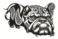 A tattoo design combining elements of Hungarian ancestry with Viking culture, featuring a bulldog adorned with steel armor and wooden shield, set against a historical backdrop tattoo design idea