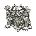 A tattoo design combining elements of Hungarian ancestry with Viking culture, featuring a bulldog adorned with steel armor and wooden shield, set against a historical backdrop tattoo design idea