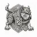 A tattoo design combining elements of Hungarian ancestry with Viking culture, featuring a bulldog adorned with steel armor and wooden shield, set against a historical backdrop tattoo design idea