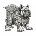 A tattoo design combining elements of Hungarian ancestry with Viking culture, featuring a bulldog adorned with steel armor and wooden shield, set against a historical backdrop tattoo design idea
