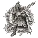 A tattoo design showcasing a Hungarian warrior wielding a steel sword, with intricate timber frame details and Catholic symbols in the background tattoo design idea