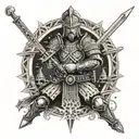 A tattoo design showcasing a Hungarian warrior wielding a steel sword, with intricate timber frame details and Catholic symbols in the background tattoo design idea