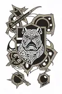 A tattoo design combining elements of Hungarian ancestry with Viking culture, featuring a bulldog adorned with steel armor and wooden shield, set against a historical backdrop tattoo design idea