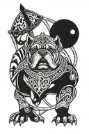 A tattoo design combining elements of Hungarian ancestry with Viking culture, featuring a bulldog adorned with steel armor and wooden shield, set against a historical backdrop tattoo design idea