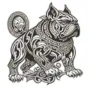 A tattoo design combining elements of Hungarian ancestry with Viking culture, featuring a bulldog adorned with steel armor and wooden shield, set against a historical backdrop tattoo design idea
