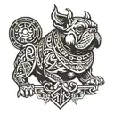A tattoo design combining elements of Hungarian ancestry with Viking culture, featuring a bulldog adorned with steel armor and wooden shield, set against a historical backdrop tattoo design idea