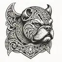 A tattoo design combining elements of Hungarian ancestry with Viking culture, featuring a bulldog adorned with steel armor and wooden shield, set against a historical backdrop tattoo design idea