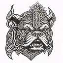 A tattoo design combining elements of Hungarian ancestry with Viking culture, featuring a bulldog adorned with steel armor and wooden shield, set against a historical backdrop tattoo design idea