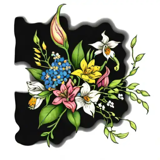 bouquet of larkspur, water lily, hawthorn, lily of the valley and daffodil  tattoo design idea
