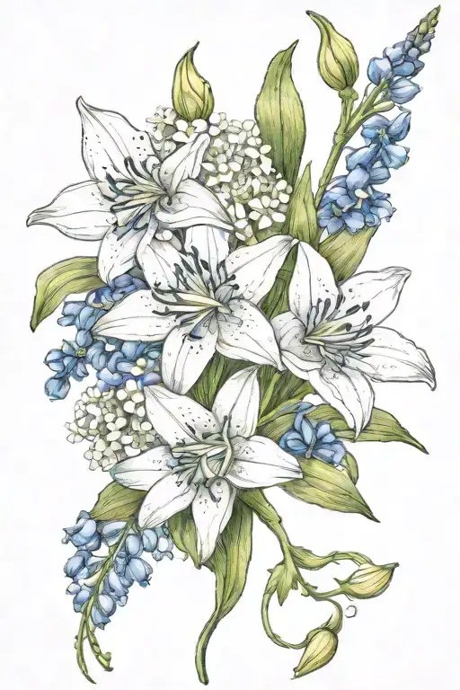 bouquet of larkspur, water lily, hawthorn, lily of the valley and daffodil tattoo design idea