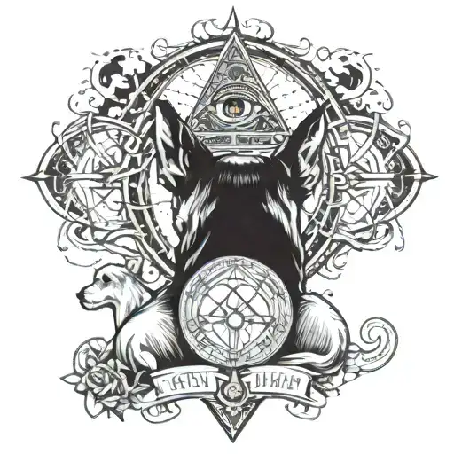back tattoo that combines the universe, souls, illuminati eye, dogs tattoo design idea
