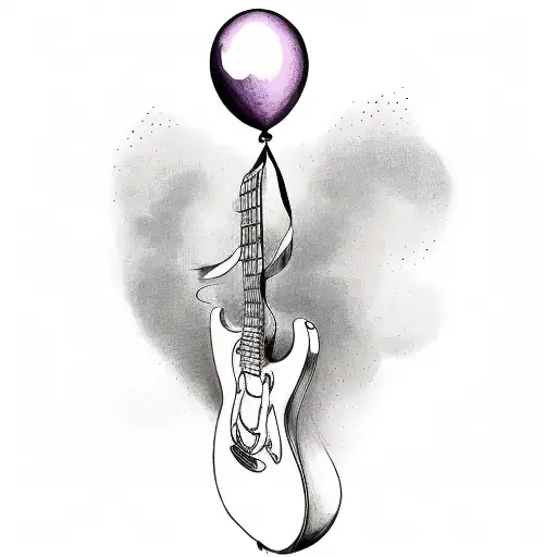 A surreal scene of a purple Disney balloon transforming into a guitar, representing the client's occupation and passion tattoo design idea