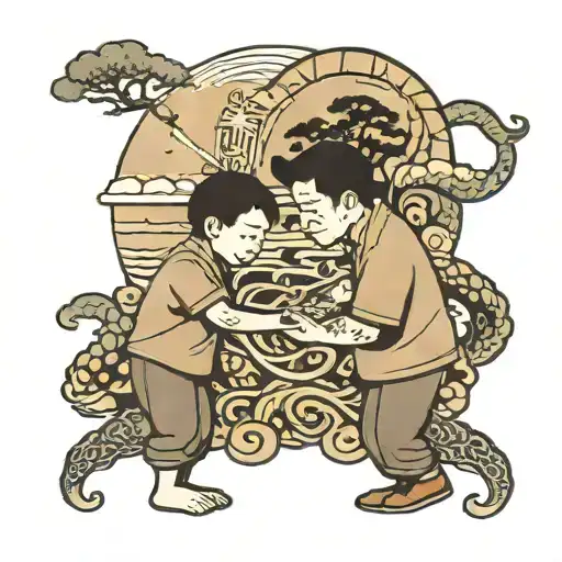 A stylized image of a father holding hands with his twin boys, with animal silhouettes in the background representing their favorite animals tattoo design idea