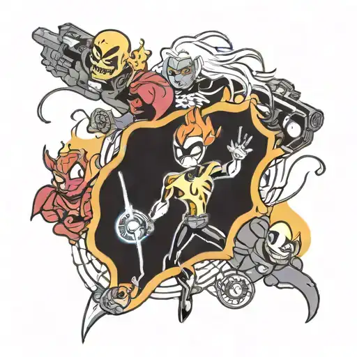 Make you a picture of a tattoo sleeve of Steven Universe, Spider-Man, Ghost Rider, Gary From Final Space, Legoshi From B tattoo design idea