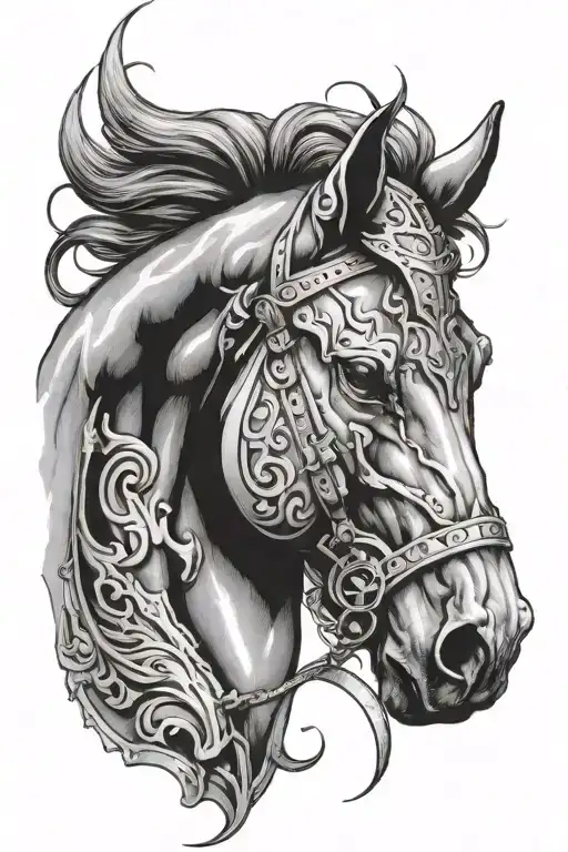 armored horse head tattoo design idea