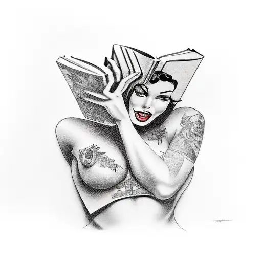 pinup laying on books reading tattoo design idea