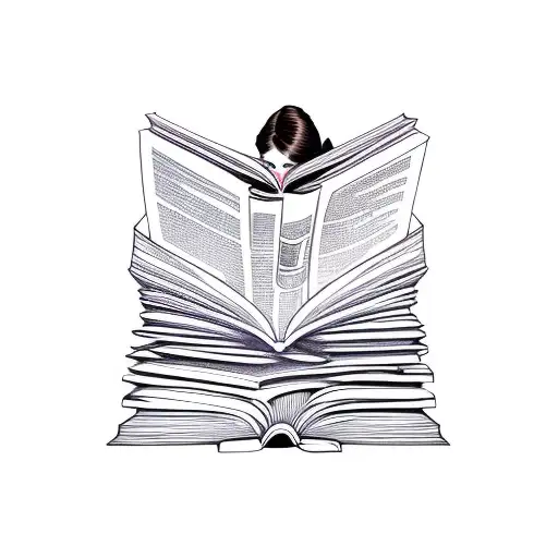 brunette pinup reading on pile of books tattoo design idea