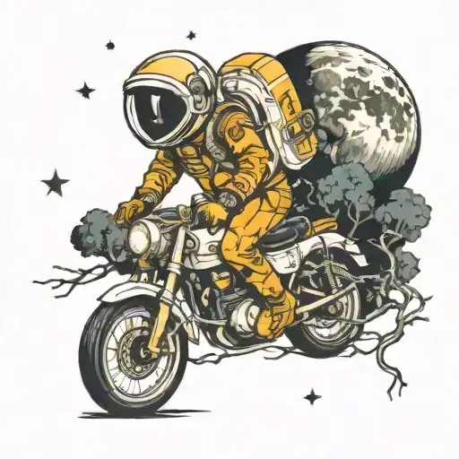 motorcycle, astronaut, moon, tree roots tattoo design idea