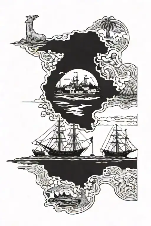 coast view of orust, Sweden inside the shape of The gambia. Old sailing ships and hippos tattoo design idea
