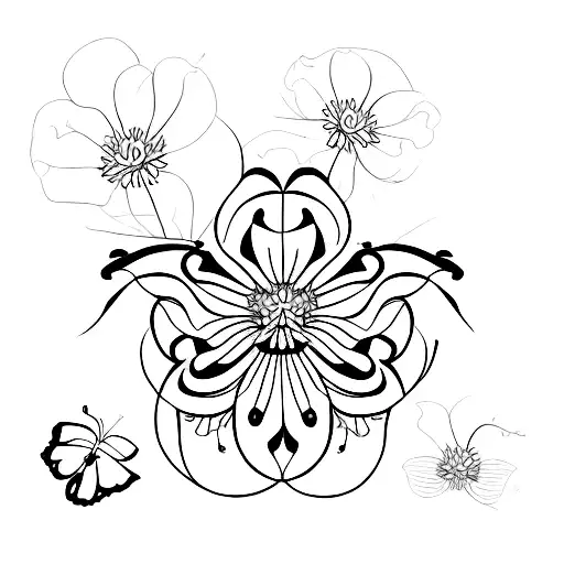 A pattern of butterflies and flowers, including carnations and stargazer lilies tattoo design idea