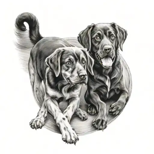 A portrait style tattoo of your son Cameron and nephew Blake playing with your black lab Porter tattoo design idea