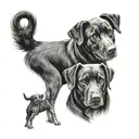 A portrait style tattoo of your son Cameron and nephew Blake playing with your black lab Porter tattoo design idea
