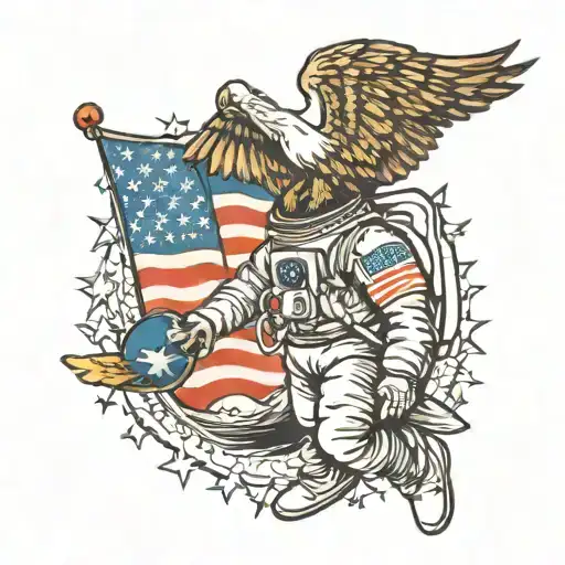 Astronaut with American Flag and eagle perched on astronaut arm tattoo design idea