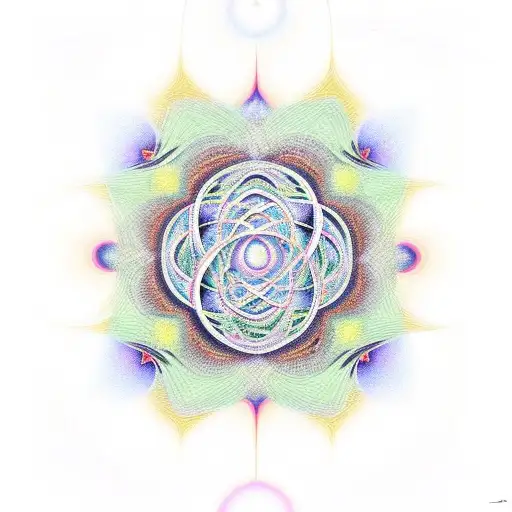 A psychedelic representation of string theory interwoven with sacred geometry tattoo design idea