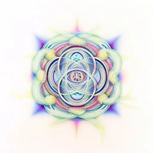 A psychedelic representation of string theory interwoven with sacred geometry tattoo design idea