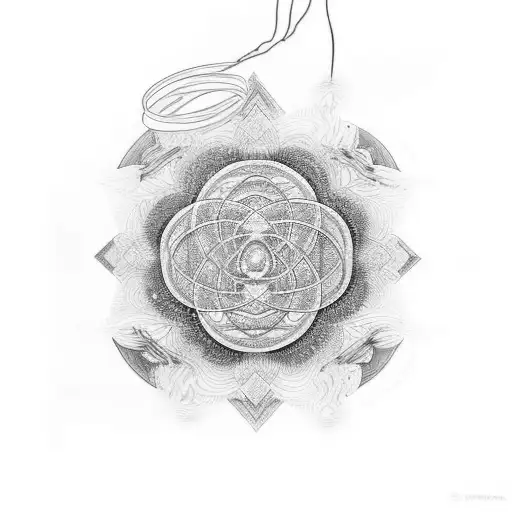 A psychedelic representation of string theory interwoven with sacred geometry tattoo design idea