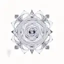 A psychedelic representation of string theory interwoven with sacred geometry tattoo design idea