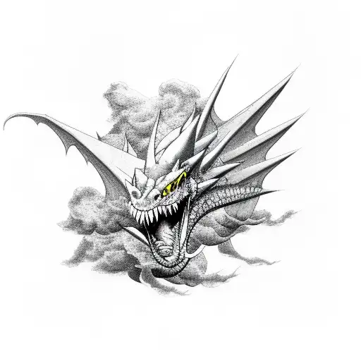dragons with storm clouds and lightning black and white arm sleeve tattoo design idea