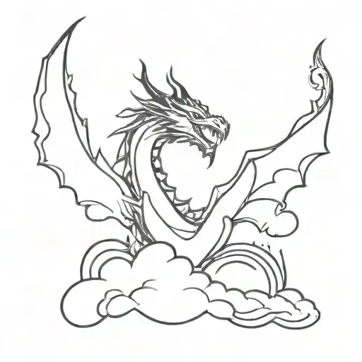 dragon flying in clouds breathing fire tattoo design idea